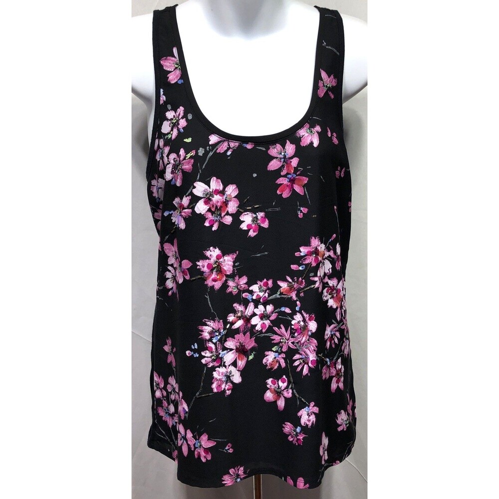 Express Sleeveless Tank Top S Blk Pink Floral Scoop Neck Sequins Chiffon Cami